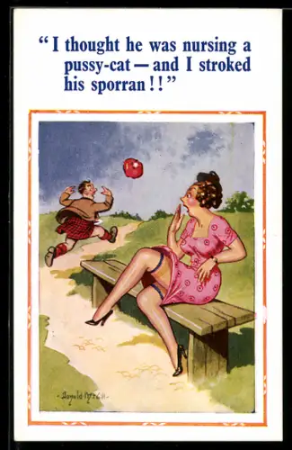 Künstler-AK Donald McGill: Mann im Kilt rennt von einer Frau mit halterlosen Strümpfen weg