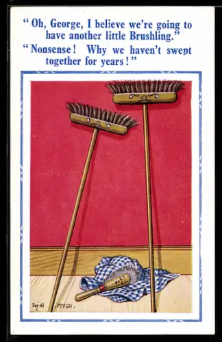Künstler-AK Donald McGill: Besen-Ehepaar steht nebeneinander