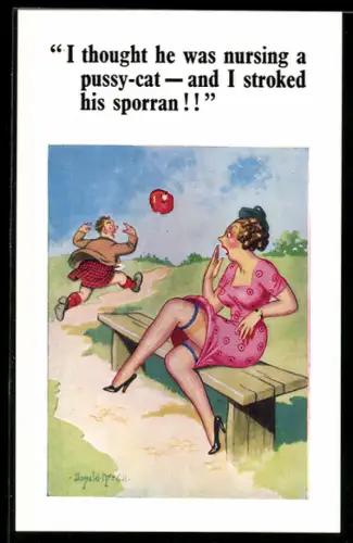 Künstler-AK Donald McGill: Mann im Kilt rennt vor einer Frau mit halterlosen Strümpfen weg