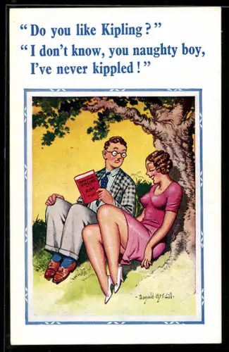 Künstler-AK Donald McGill: Attraktive Dame flirtet mit einem nichtsahnenden Mann