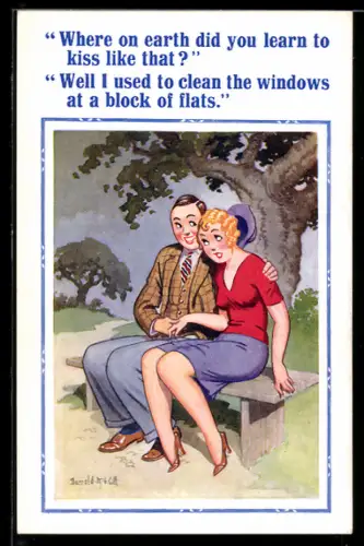 Künstler-AK Donald McGill: Where on earth did you learn to kiss like that?