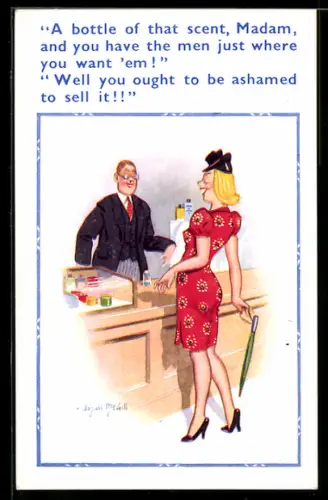 Künstler-AK Donald McGill: A bottle of that scent, Madam...