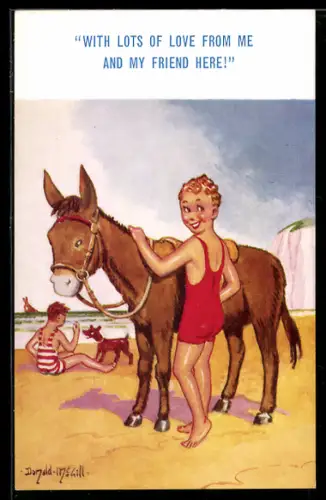 Künstler-AK Donald McGill: With lots of love..., Donkey, At the Beach