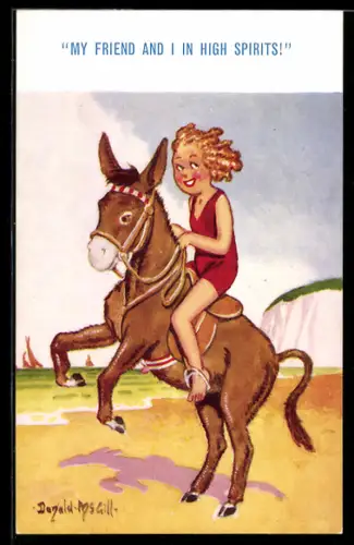 Künstler-AK Donald McGill: My friend and I in high spirits!, Frau im Badeanzug reitet auf einem Esel
