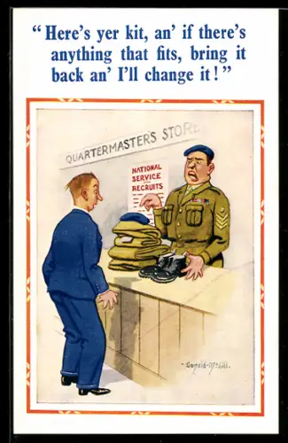 Künstler-AK Donald McGill: ..an` if there`s anything that fits, bring it back an I`ll change it