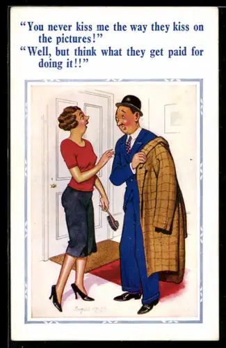 Künstler-AK Donald McGill: You never kiss me the way they kiss on the pictures!