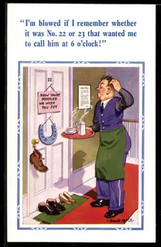 Künstler-AK Donald McGill: I`m blowed if I remember whether it was No. 22 or 23...