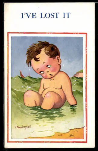Künstler-AK Donald McGill: Knabe sucht nach seiner verlorenen Badehose im See