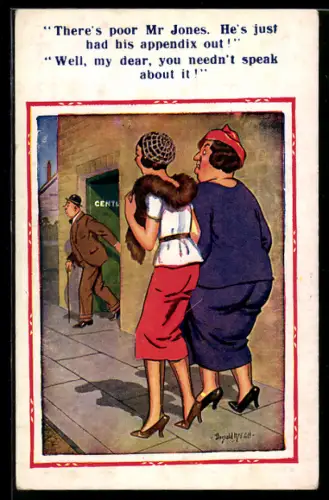 Künstler-AK Donald McGill: Zwei Frauen tuscheln über einen Herren der die Toilette verlässt