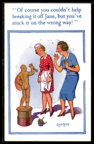 Künstler-AK Donald McGill: Of course you couldn`t help breaking it off Jane, but...