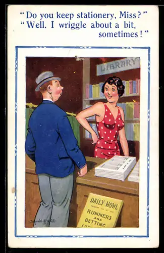 Künstler-AK Donald McGill: Mann in Bibliothek spricht mit Angesteller