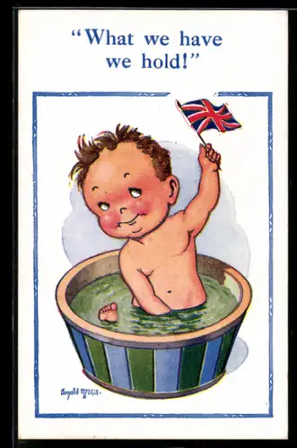 Künstler-AK Donald McGill: Kleinkind mit englischer Flagge beim Bad in der Wanne