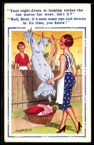 Künstler-AK Donald McGill: Frau hängt Wäsche zum Trocknen auf