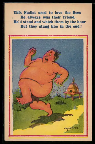 Künstler-AK Donald McGill: This nudist used to love the Bees...