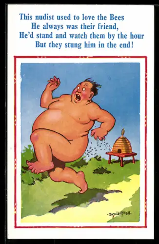 Künstler-AK Donald McGill: This nudist used to love the Bees..., Nackter übergewichtiger Nudist flüchtet vor Bienen