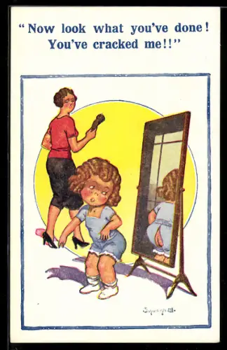 Künstler-AK Donald McGill: Kind ist traurig über Riss in der Hose