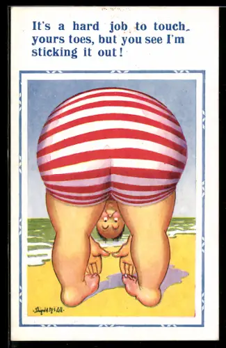Künstler-AK Donald McGill: It`s a hard job to touch yours toes..., At the Beach