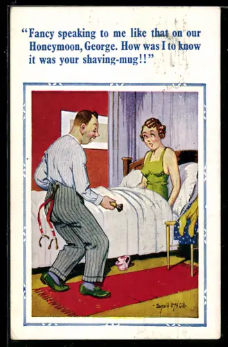 Künstler-AK Donald McGill: Mann mit einem Rasierpinsel unterhält sich mit der Frau im Bett