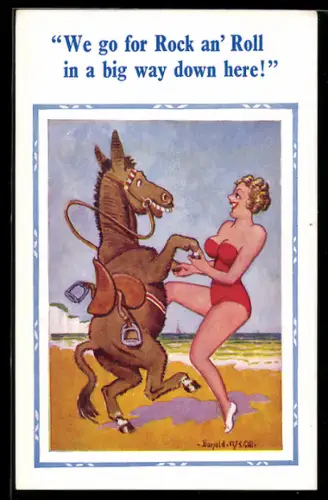 Künstler-AK Donald McGill: We go for Rock an` Roll..., Donkey, At the Beach