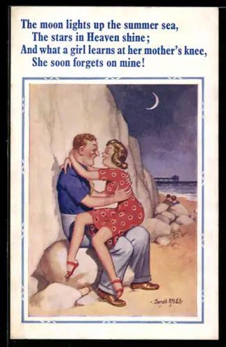 Künstler-AK Donald McGill: The moon lights up the summer sea..., At the Beach
