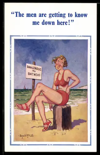 Künstler-AK Donald McGill: The men are getting to know me down here, At the Beach