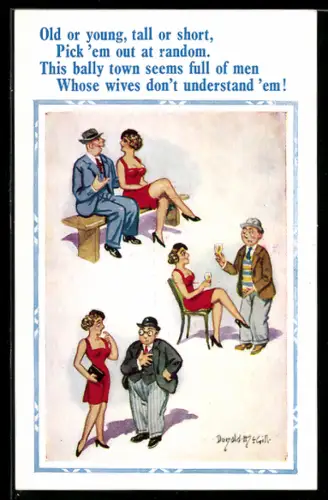 Künstler-AK Donald McGill: Dame unterhält sich mit unterschiedlichen Herren