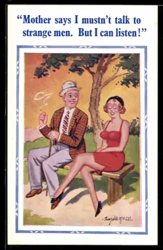 Künstler-AK Donald McGill: Paar sitzt zusammen auf einer Parkbank