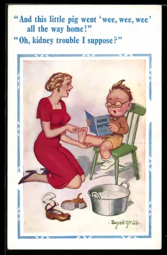 Künstler-AK Donald McGill: And this little pig went wee, wee, wee...