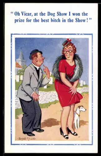 Künstler-AK Donald McGill: Oh Vicar, at the Dog Show I won the prize...
