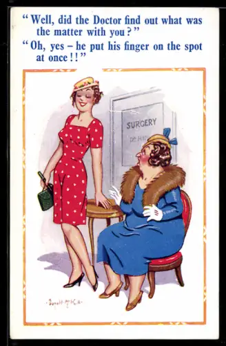 Künstler-AK Donald McGill: Ältere Dame unterhält sich im Wartezimmer mit einer jungen Frau