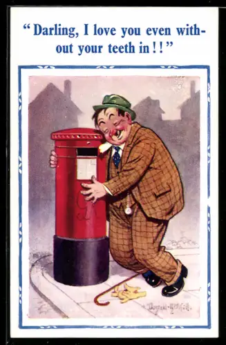 Künstler-AK Donald McGill: Darling I love you..., Betrunkener schmust mit dem Briefkasten