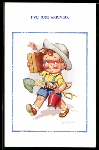 Künstler-AK Donald McGill: Kind mit Strandspielzeug