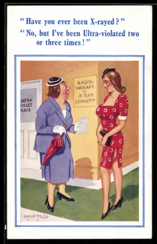 Künstler-AK Donald McGill: Zwei Frauen unterhalten sich beim Röntgen