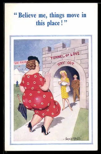Künstler-AK Donald McGill: Frau kommt mit einem Neugeborenen aus einem Liebestunnel