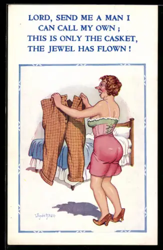 Künstler-AK Donald McGill: Frau mit einer übergrossen Hose in den Händen