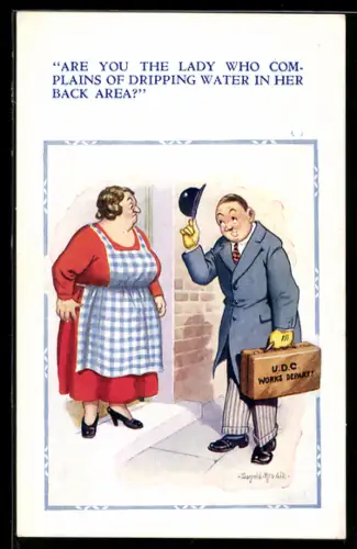 Künstler-AK Donald McGill: Mann zieht den Hut vor einer Hausfrau