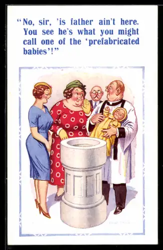 Künstler-AK Donald McGill: Frauen und Priester mit Neugeborenen am Taufbecken