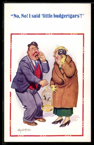 Künstler-AK Donald McGill: Mann und ältere Frau mit einem Vogelkäfig