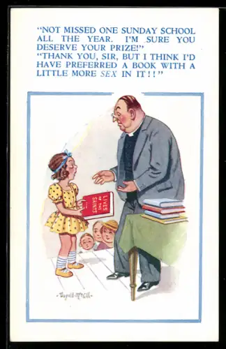 Künstler-AK Donald McGill: Junges Mädchen mit einem Buch über das Leben von Heiligen vor einem Pfarrer