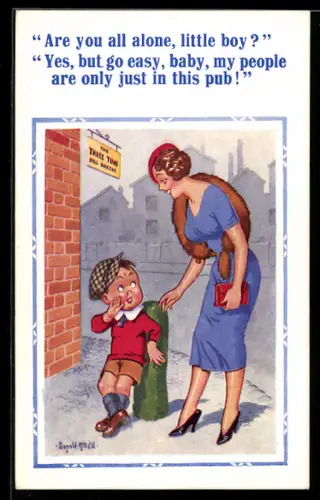 Künstler-AK Donald McGill: Attraktive Frau unterhält sich mit einem Jungen