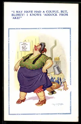 Künstler-AK Donald McGill: Korpulente Frau bewegt sich von einem Mann mit einem Eimer auf dem Kopf weg