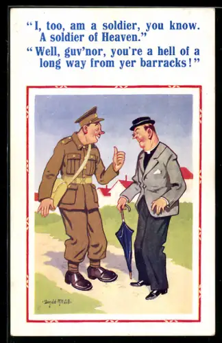 Künstler-AK Donald McGill: Soldat unterhält sich mit einem Priester