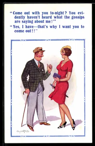 Künstler-AK Donald McGill: Mann unterhält sich mit einer attraktiven Frau im roten Kleid