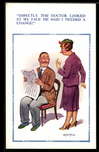 Künstler-AK Donald McGill: Frau unterhält sich mit einem sitzenden Mann