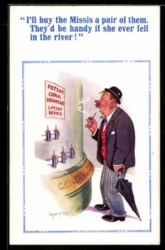 Künstler-AK Donald McGill: Mann mit Pfeife betrachtet Korkenzieher im Schaufenster