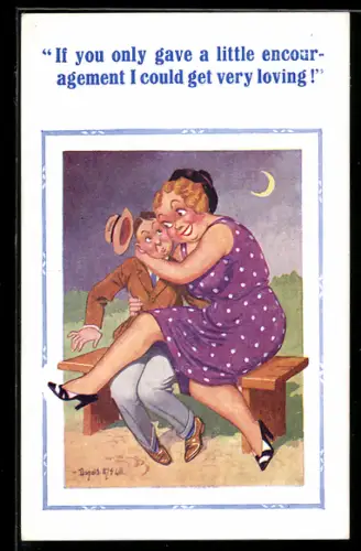 Künstler-AK Donald McGill: Frau setzt sich halb auf den Schoss eines Mannes