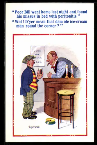 Künstler-AK Donald McGill: Mann unterhält sich mit einem Barkeeper