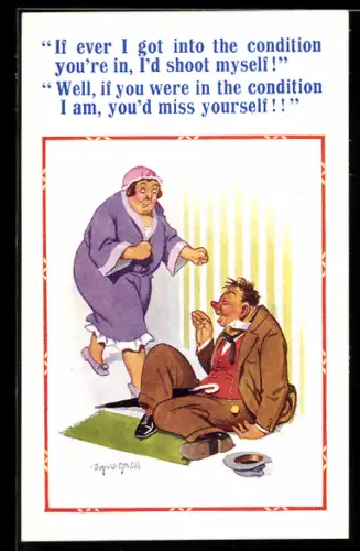 Künstler-AK Donald McGill: Frau unterhält sich mit ihrem betrunkenen Ehemann