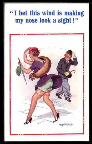 Künstler-AK Donald McGill: Windstoss entlösst das Hinterteil einer attraktiven Frau