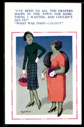 Künstler-AK Donald McGill: Ältere Dame unterhält sich mit einer jungen Frau